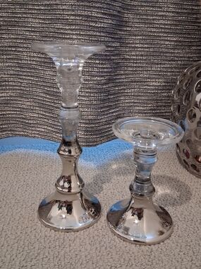 At Home Glass and Silver Tone Candlestick Pair - Elegant Home Accents